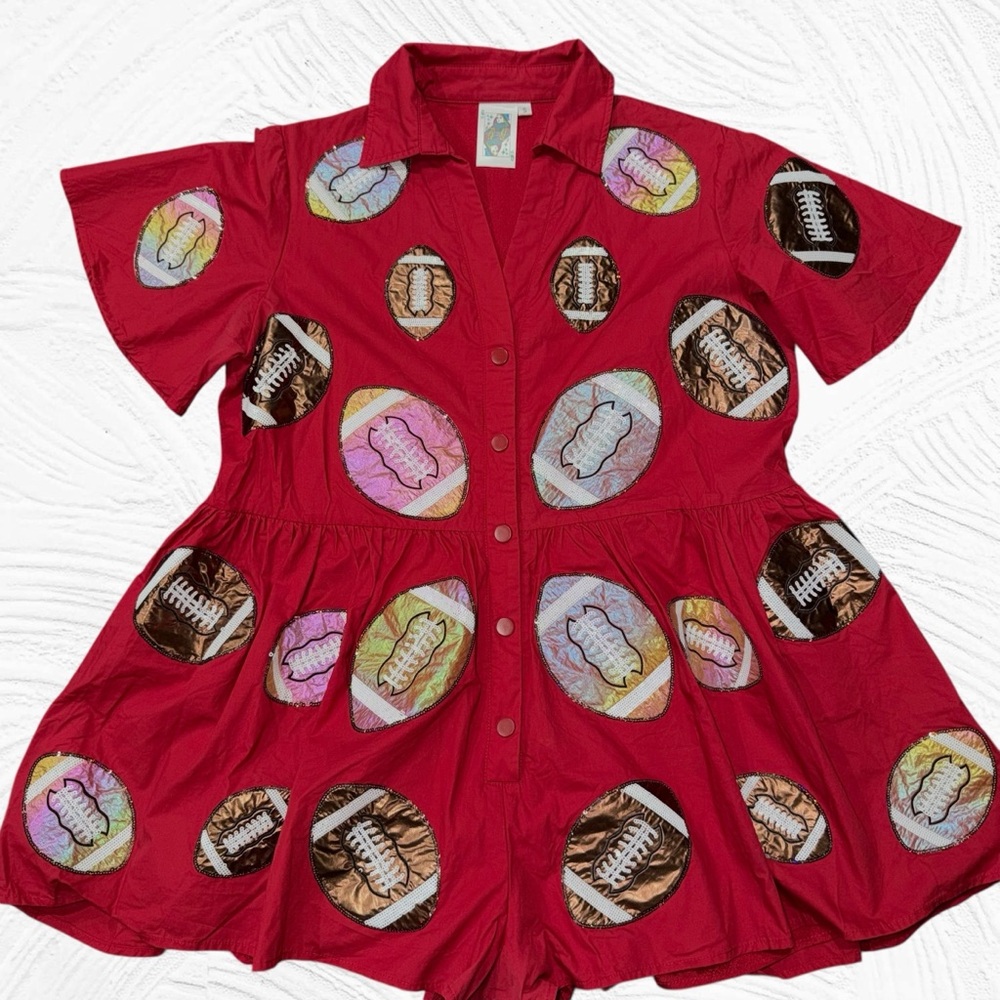Queen‎ of Sparkles Crimson Iridescent Football Romper Size Small pockets Sequins